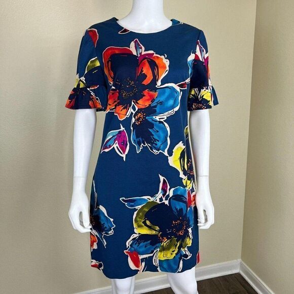 Trina Turk Mini Colorful Dress Short Sleeve Floral Stretch Crepe Shift Size XS - Picture 3 of 12